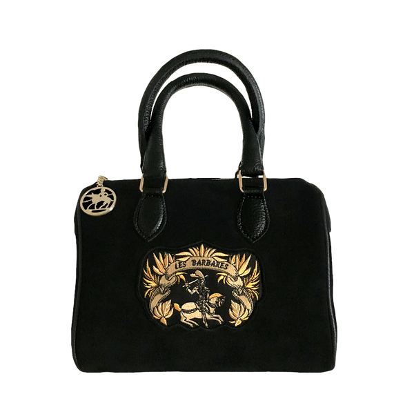 Black suede mini handbag with gold embroidery of the Les Barbares logo. leather handles and gold logo chain zipper 