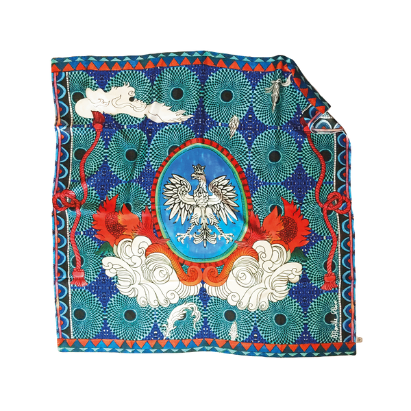 Blue 100% silk scarf with red and pinks and a black and white eagle in the center.