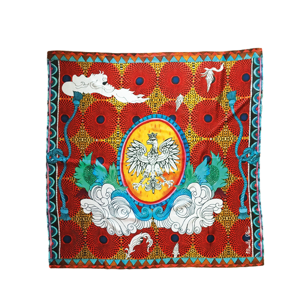 Red 100% silk scarf printed with an eagle in the center as part of the Unique collection