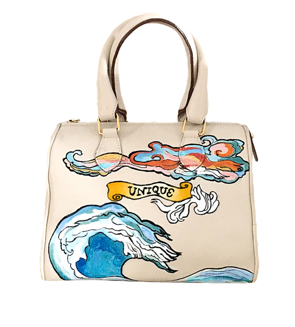 Beige soft Italian leather mini handbag, with hand painted designs in blue, gold and white  by artist Marielle Plaisir.
