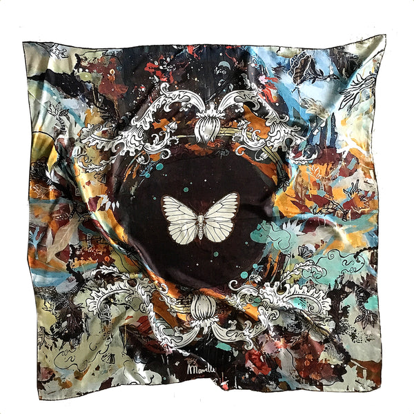 Printed 100% silk scarf, with a butterfly in the middle and colors around it such as blue, white, gray, and black based on paintings by the artist Marielle Plaisir.