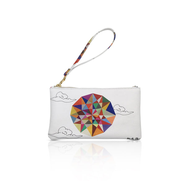 White leather pouch with the symmetrical color explosion in the middle and clouds design.  detachable leather wristlet strap. Zip fastening along the top