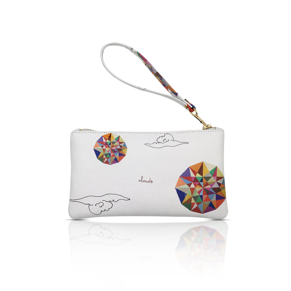 Opposite side of the white leather pouch with 2 symmetrical color explosions in smaller detail and clouds design. Detachable wristlet strap and zip fastening along the top. 