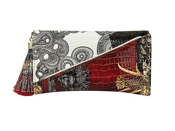 Genuine glossy croc-effect printed leather clutch bag with on the bias white spiral design and on the other side pineapple design.  With a horsehair and printed leather tassel.
