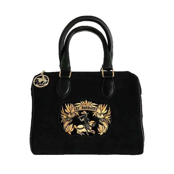 Black suede medium handbag with gold embroidery of the Les Barbares logo. leather handles and gold logo chain zipper