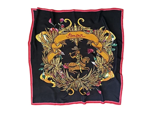 Black 100% silk scarf with the Les Barbares logo in the middle. A gold and purple wreath with an amazon riding a horse sword above her head. The word Amour (Love) is written at the top of the wreath pink and raspberry border