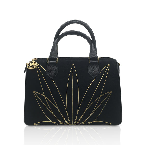 Genuine black suede handbag with black leather handles. Gold embroidery of a 7 finger leaf. Zipper with gold logotype medallion