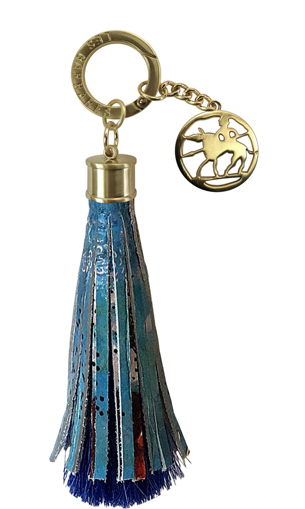 Blue leather key chain 100% natural leather ring and medallion in golden zinc, tassels printed leather