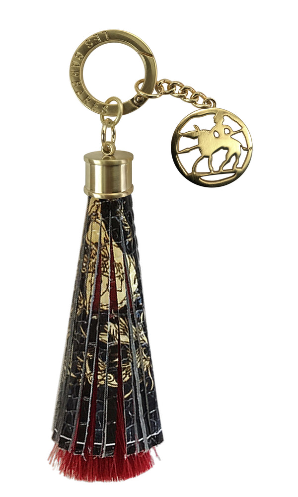 Genuine black, red and gold leather tassel key ring. With gold zinc ring and logotype medallion