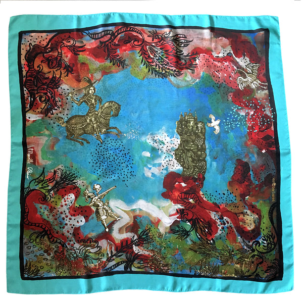 Blue 100% silk scarf printed with the images from the artists' works imagery of leaves, birds and beautiful colors