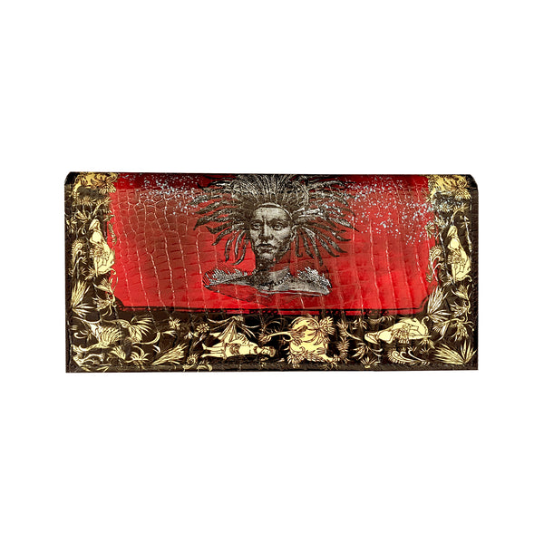 Genuine Black, red and gold glossy croc effect printed leather clutch bag. Indigenous warrior woman printed on front