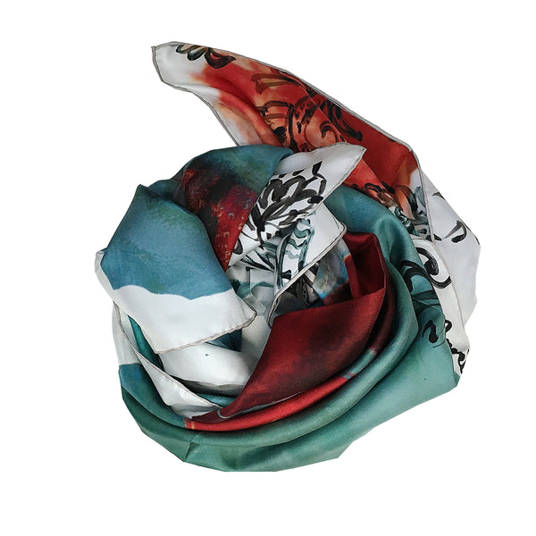 Blue and white, blue 100% silk scarf scrunched up to show detail