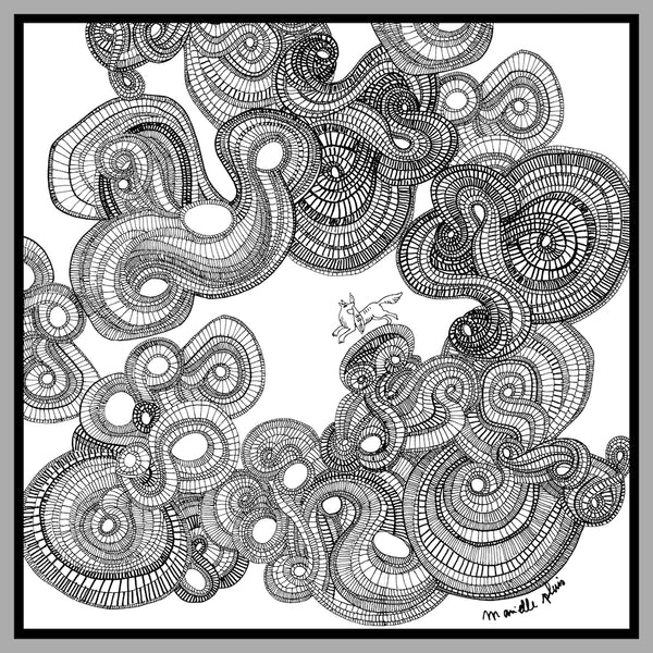black and white 100% silk scarf with spirals images 