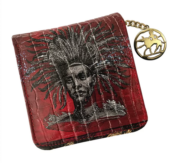Genuine printed leather wallet with an image of an indigenous warrior woman in the middle on a red background with a gold zipper and Les Barbares medaillon