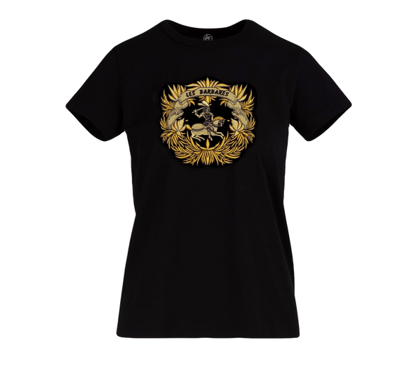 Elegant black 100% cotton t-shirt with gold patch embroidery of the Les Barbares logo consisting of a gold wreath with an amazon on a horse with a sword above her head