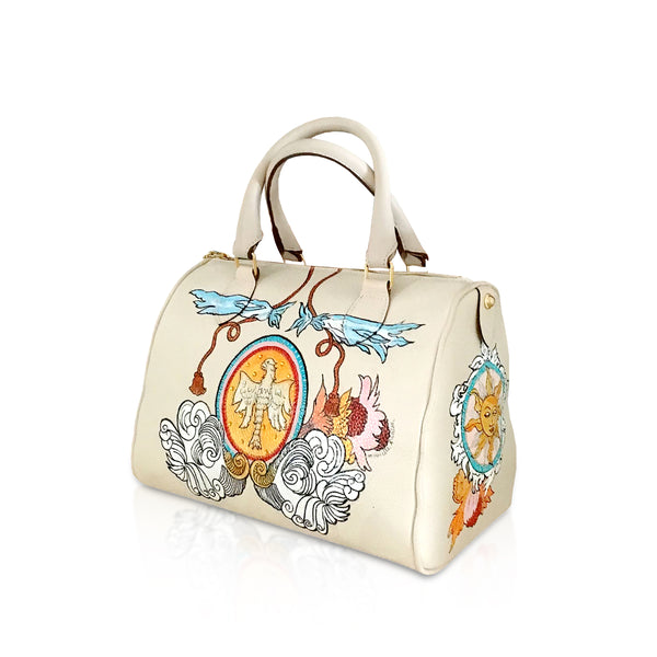 Beige soft Italian leather medium handbag, with hand painted design by artist Marielle Plaisir.