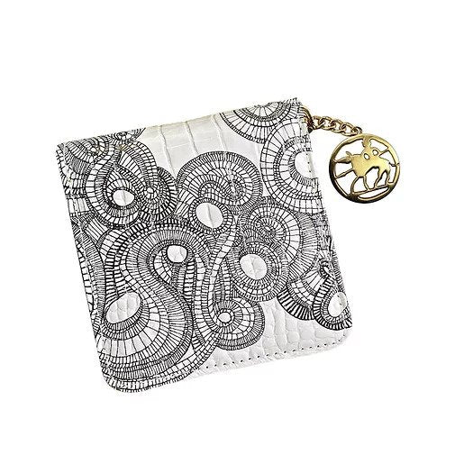 Black and white glossy croc effect printed leather wallet.  Gold zinc medallion zipper