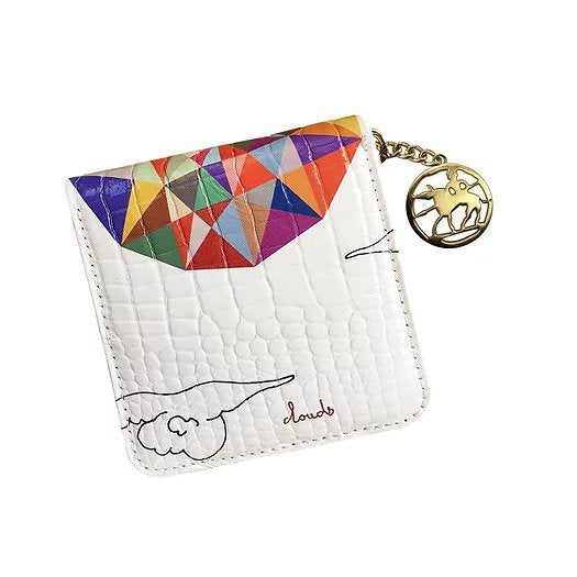Small wallet with symmetrical colors and clouds design printed on embossed glossy croc effect leather. with a gold metal chain and logo fastener