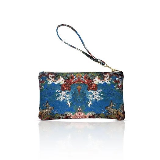 Genuine blue leather printed clutch for carrying mobile phones, make up with detachable handle