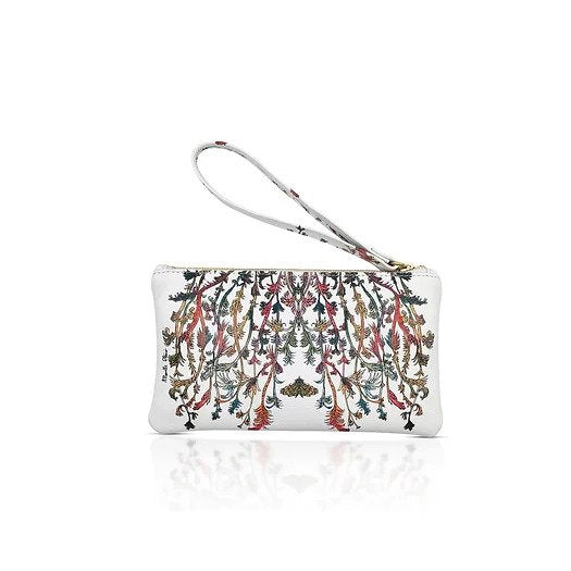 Genuine soft white leather printed pouch. with brass eyelet to clip on a handle. branches and leaves of different colors and angel wings decoration. Zipper across the top of the pouch