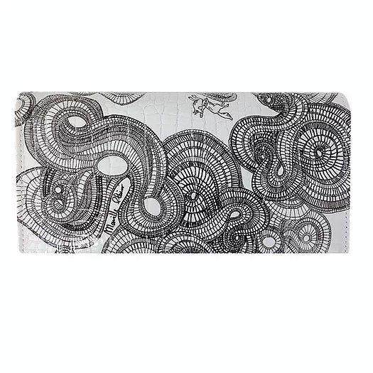 Handcrafted black and white clutch bag with printing on embossed, genuine glossy leather.