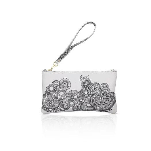 Black and white printed leather pouch with zipper along the top and detachable printed leather handle