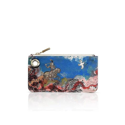 Blue leather small pouch for lipstick and phone can be coordinated with other pouches. Printed leather with Amazon riding a horse with her sword above her head and a white dove in the sky. Top left hand side a ring for adding a detachable handle