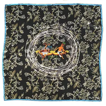 100% silk scarf with hand rolled edges. Garden design gray leaves and shapes on a black background with a central image of two indigenous people having a quiet conversation on benches with the words The Earthly Delight Garden surrounding them. bordered with a light blue edge
