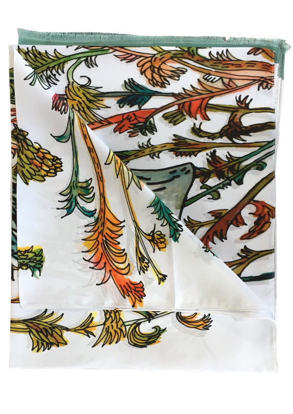 White printed 100% Silk scarf branches and leaves in various colors red, orange, blues and greys.