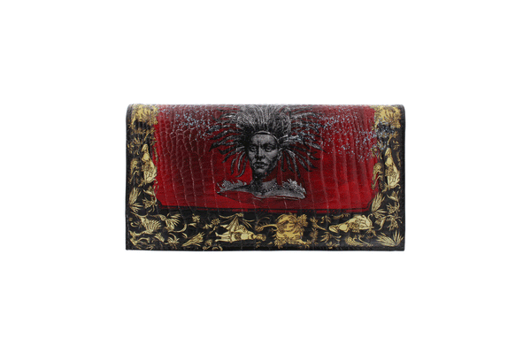 Video showing the genuine black, red and gold embossed leather clutch bag with black leather interior and brass button fastener