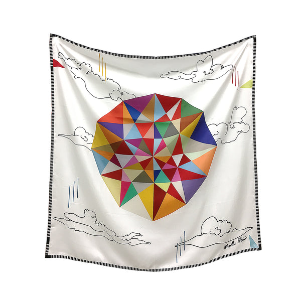100% silk scarf with an explosion of symmetrical colors in the middle on a white cloud background. Based on paintings and drawings by the artist Marielle Plaisir.